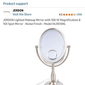 Jerdon Magnifying Makeup Mirror with LED Light -10X-1X & 15X Spot Magnification